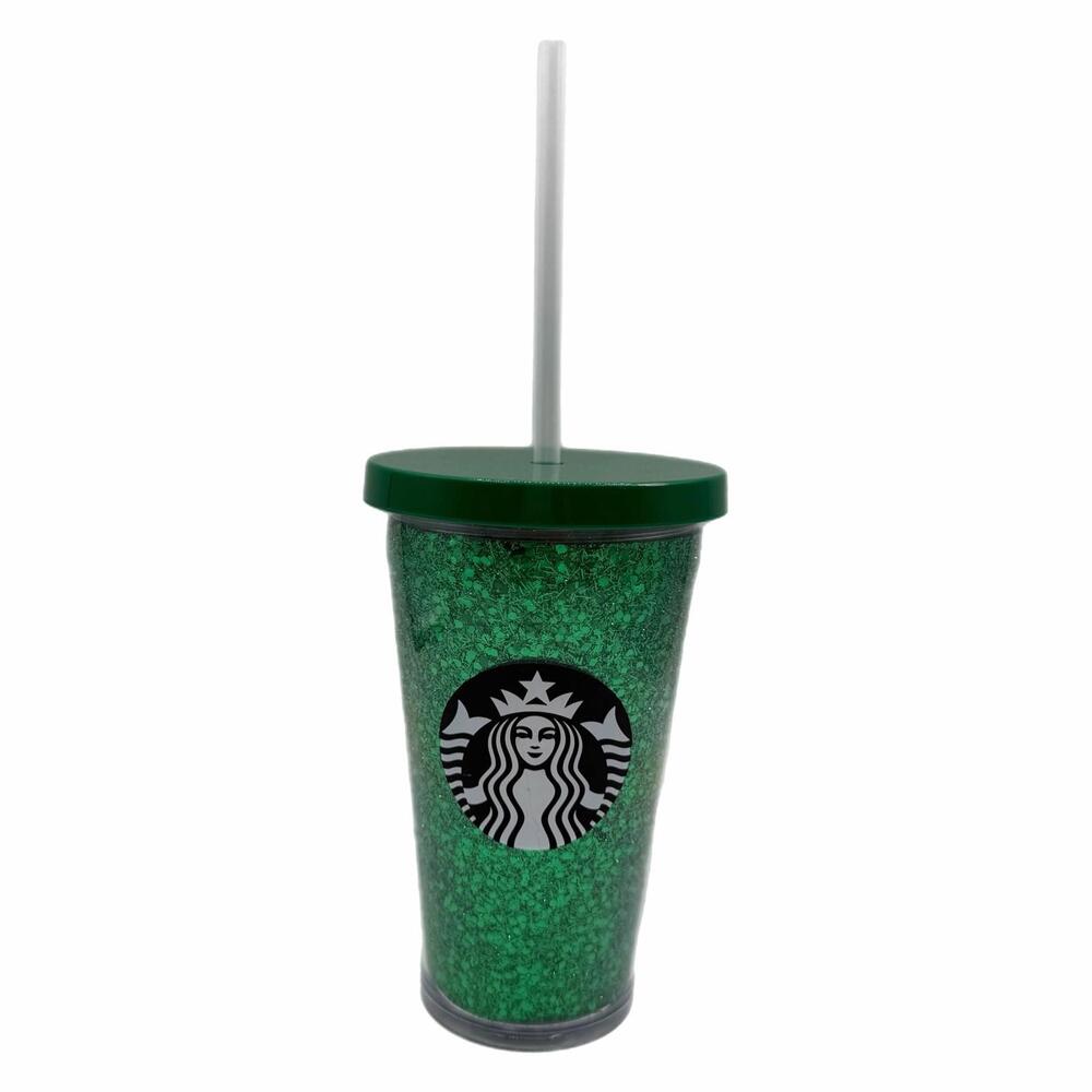 2016 Starbucks 16oz Green Glitter Cold Cup Tumbler with Clear Straw